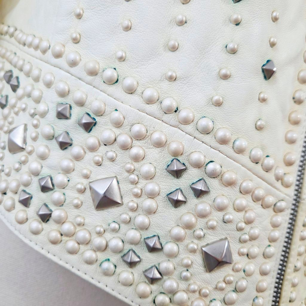 Double D Ranch studded ivory leather biker jacket distressed western size medium - Picture 7 of 13